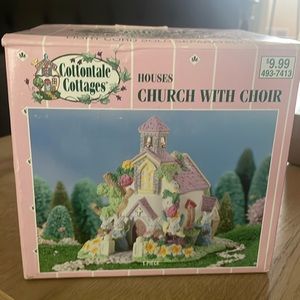 Cotton cottages, houses, church with choir light cord sold separately, Easter